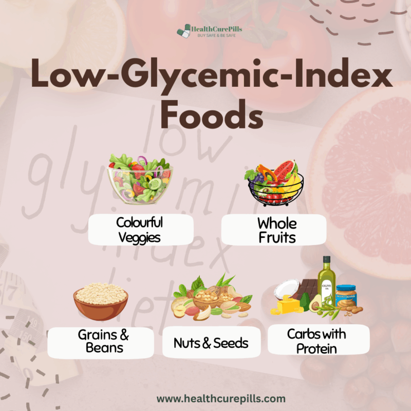 A plate of low-glycemic-index foods including lentils, berries, and nuts.